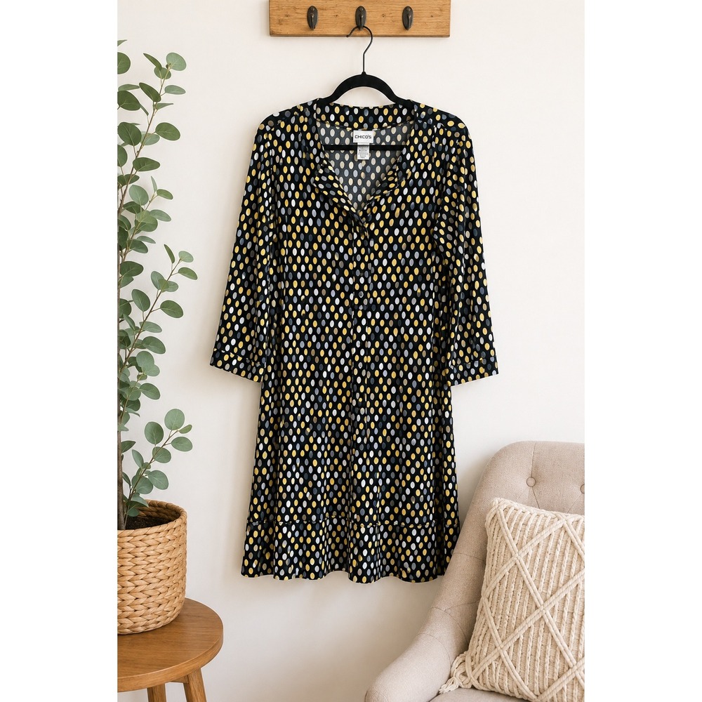 Chico's Black Polka Dot Stretch Dress Size 2 US 12 V Neck‎ Career Cocktail Midi
